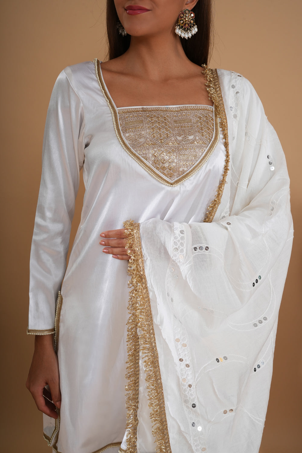 Ivory Pure Silk Chanderi Kashmiri Tilla Embroidered Short Kurta Set