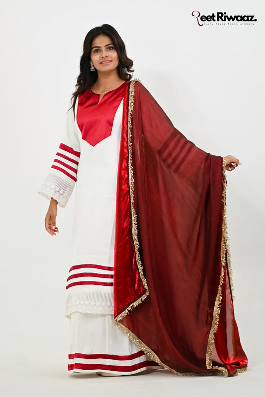 White & Mehroon Pakistani suit with pocket style & Dupatta