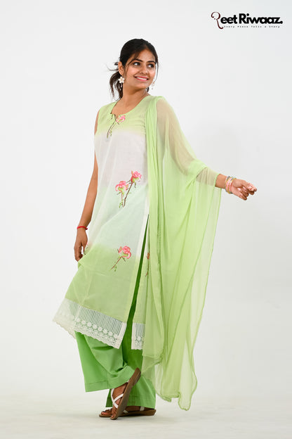 Floral print sleevless suit and dupatta set