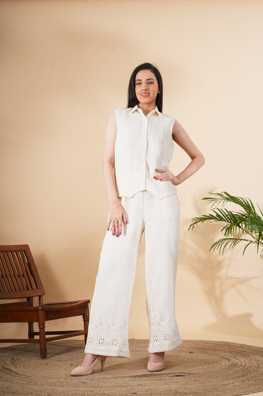 Matching Set Of Waist Coat Co Ord Set And Trousers In Pure Linen