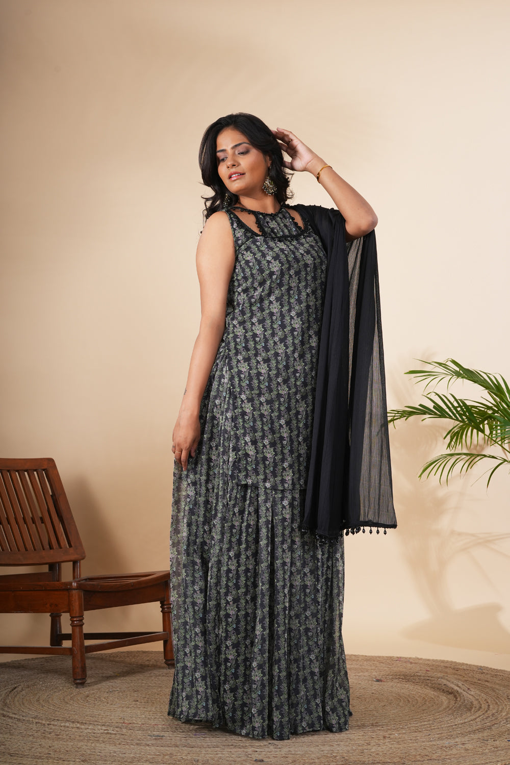 Bamboo Green Paisley Printed Georgette Sharara Set