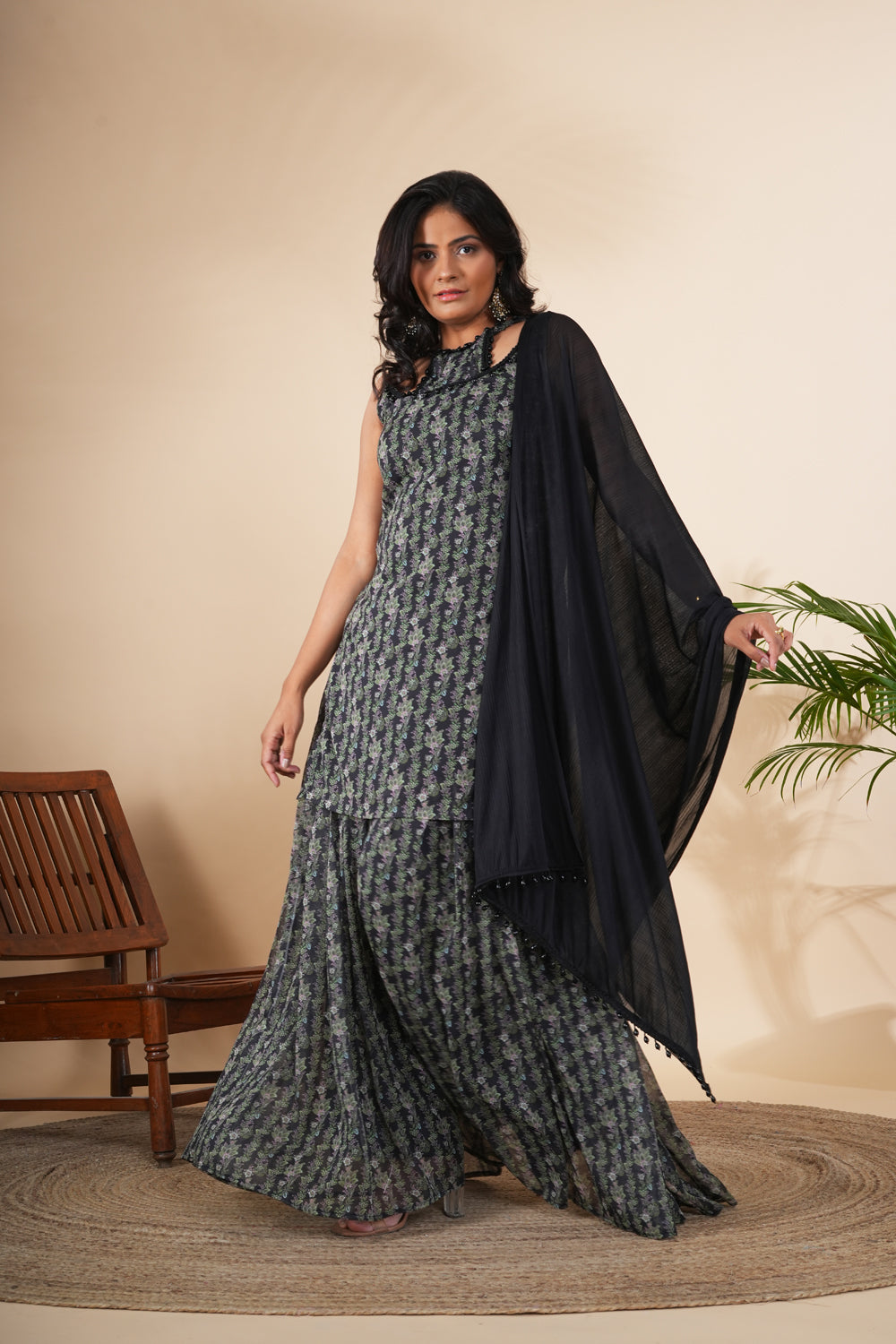 Bamboo Green Paisley Printed Georgette Sharara Set