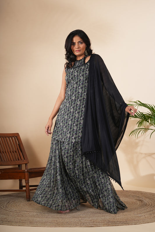 Bamboo Green Paisley Printed Georgette Sharara Set