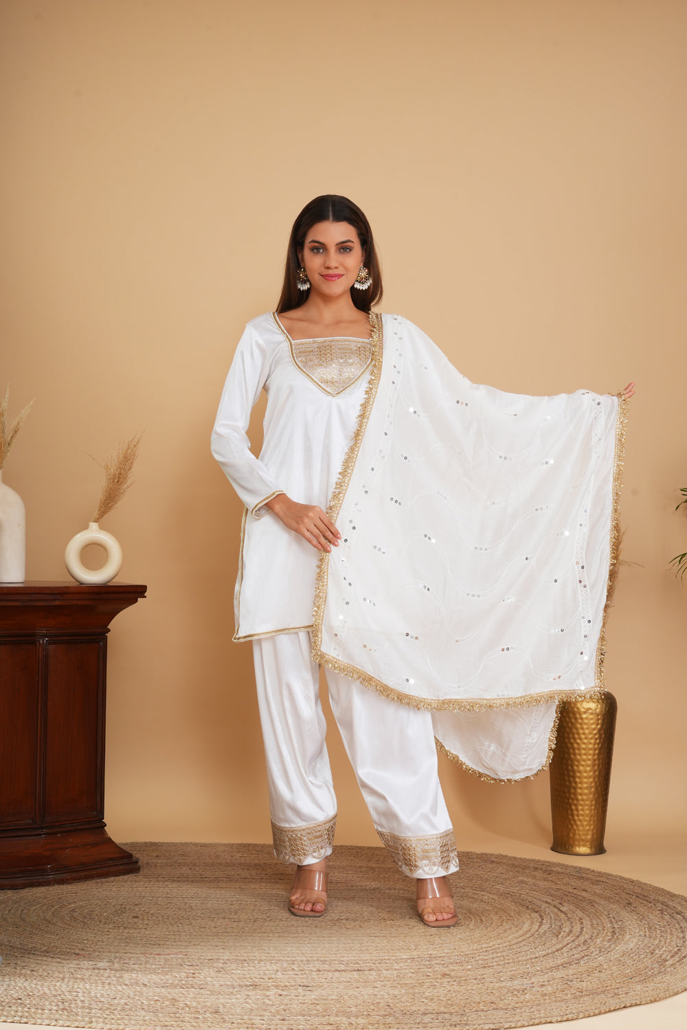 Ivory Pure Silk Chanderi Kashmiri Tilla Embroidered Short Kurta Set