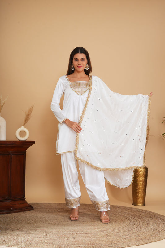 Ivory Pure Silk Chanderi Kashmiri Tilla Embroidered Short Kurta Set