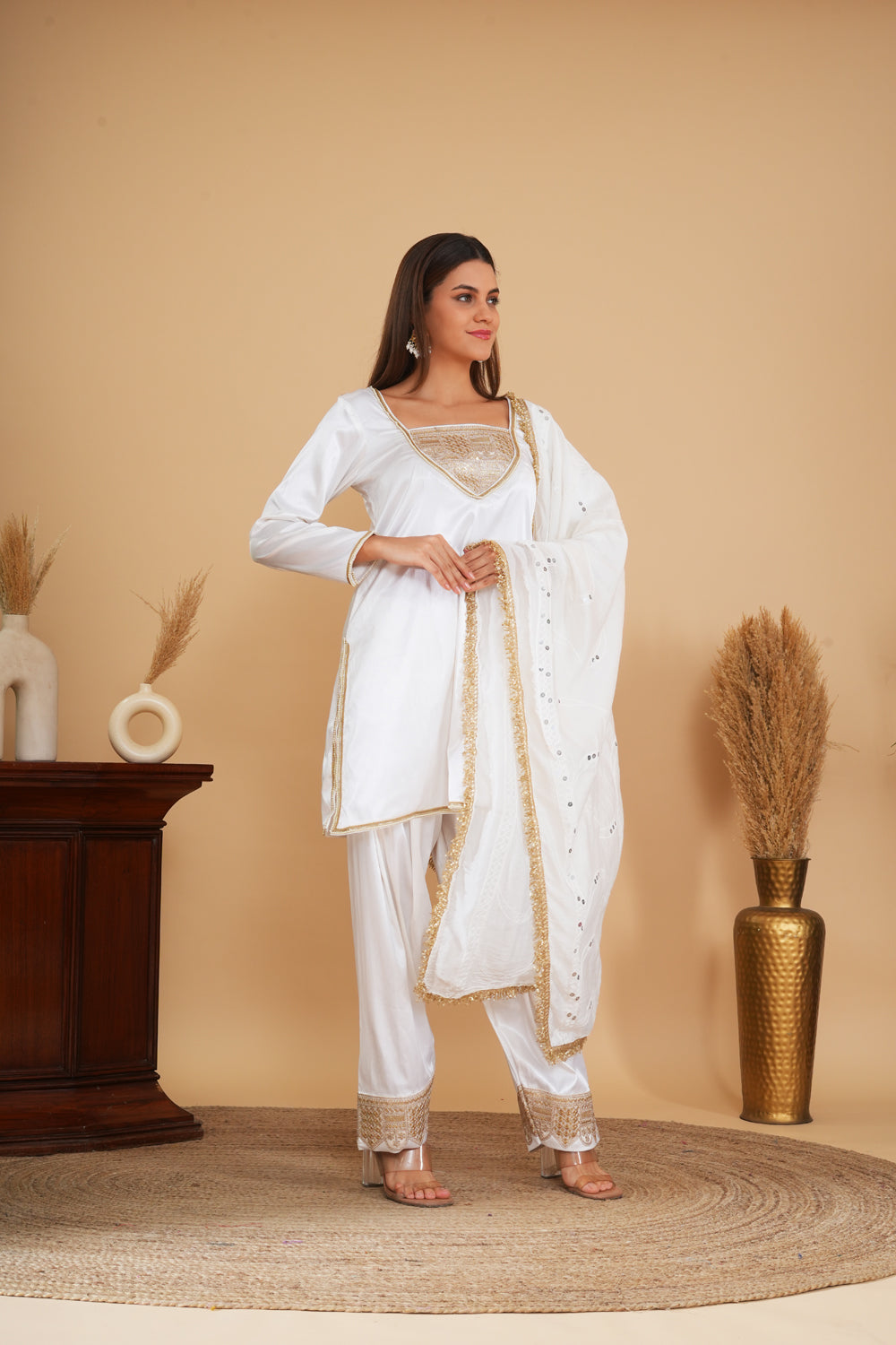 Ivory Pure Silk Chanderi Kashmiri Tilla Embroidered Short Kurta Set