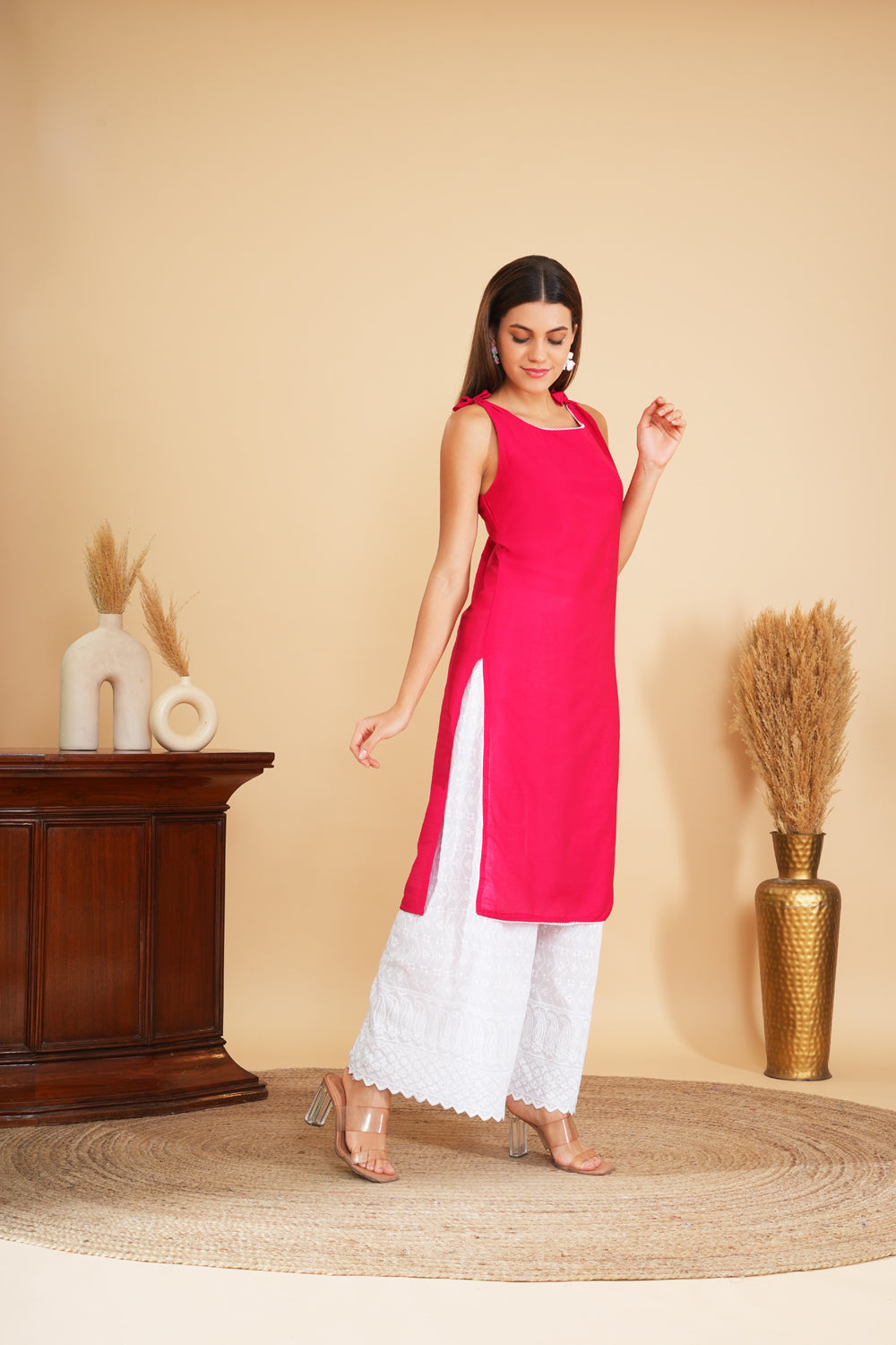 Strawberry Cotton Kurta With Lace Work For Casual Wear