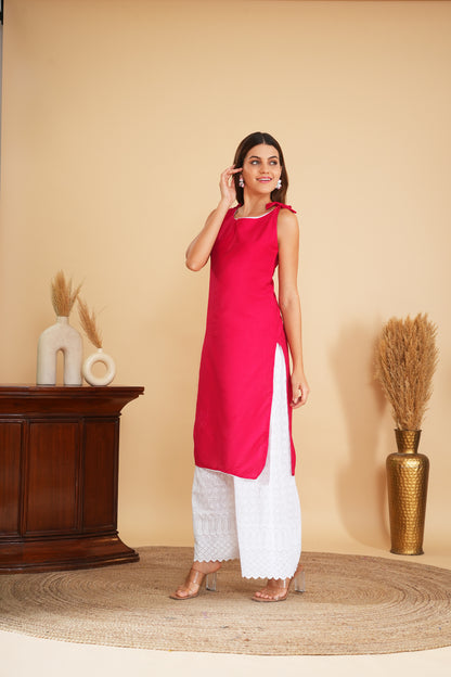Strawberry Cotton Kurta With Lace Work For Casual Wear