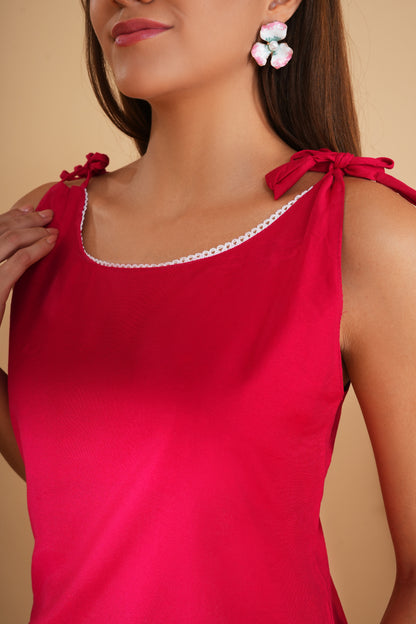 Strawberry Cotton Kurta With Lace Work For Casual Wear