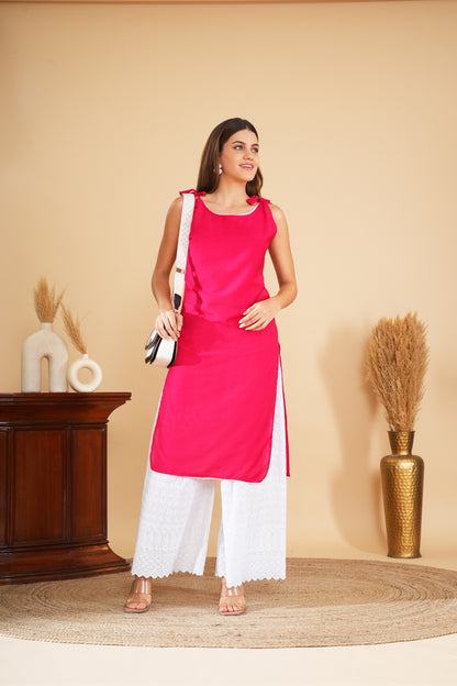 Strawberry Cotton Kurta With Lace Work For Casual Wear