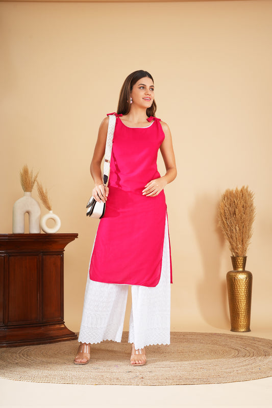 Strawberry Cotton Kurta With Lace Work For Casual Wear