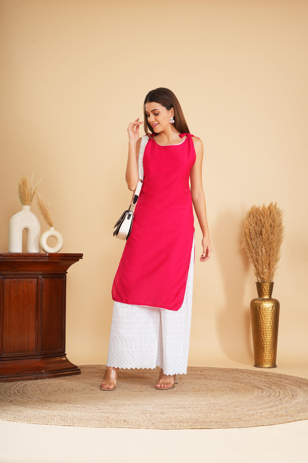 Strawberry Cotton Kurta With Lace Work For Casual Wear