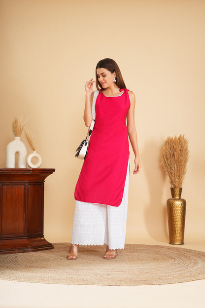 Strawberry Cotton Kurta With Lace Work For Casual Wear