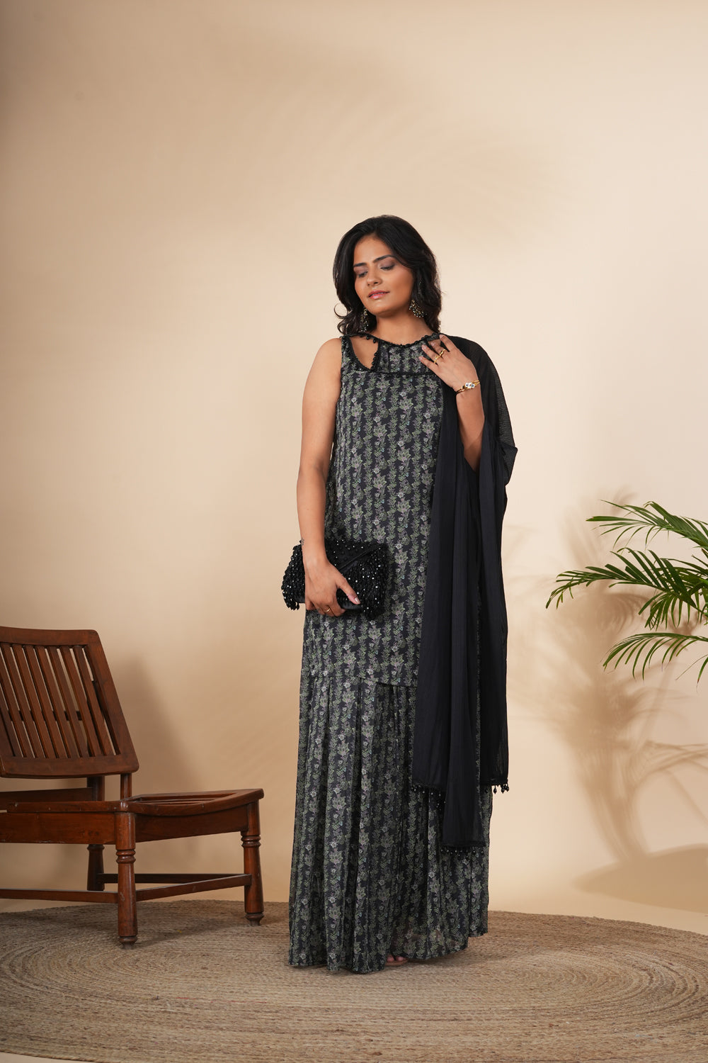 Bamboo Green Paisley Printed Georgette Sharara Set