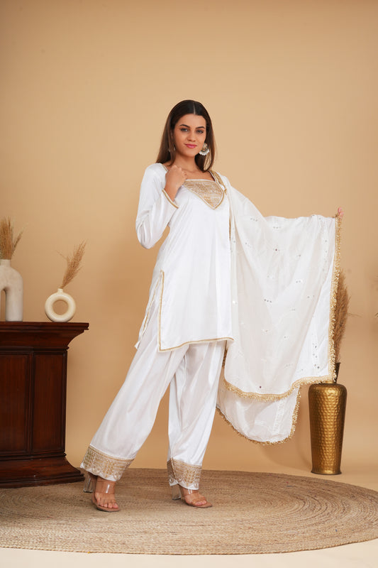 Ivory Pure Silk Chanderi Kashmiri Tilla Embroidered Short Kurta Set