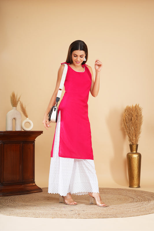 Strawberry Cotton Kurta With Lace Work For Casual Wear