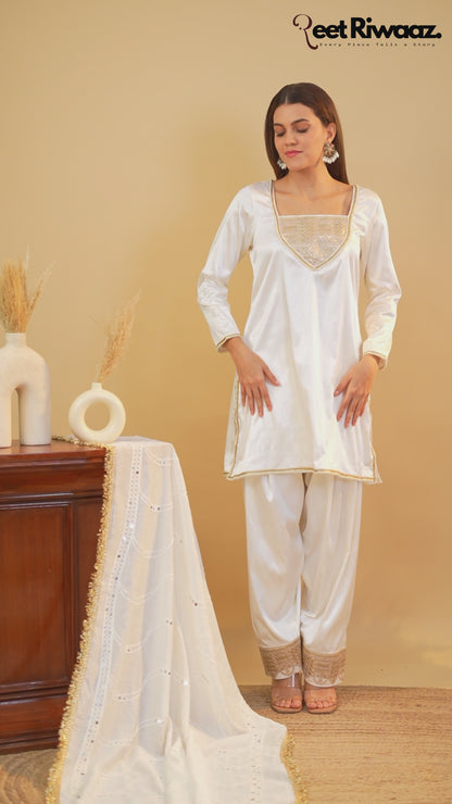 Ivory Pure Silk Chanderi Kashmiri Tilla Embroidered Short Kurta Set